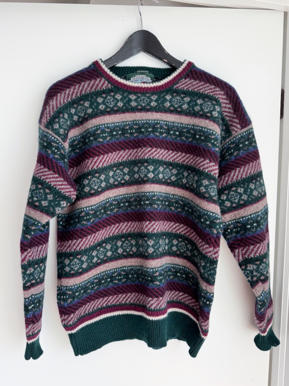 Vintage 90s Beaver Canoe Hand Frame Shetland Wool Fair Isle Sweater M Green